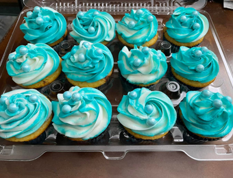 A dozen blue frosted cupcakes